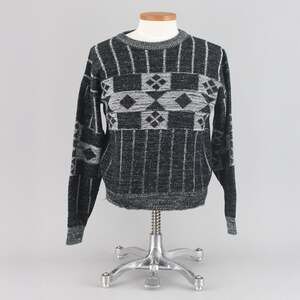 Vintage 90s Grunge Sweater, Black & Gray Geo Crewneck, Men's Small
